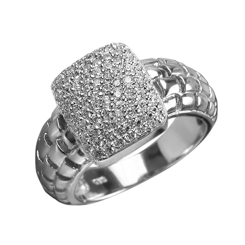 Star Spangled Rhodium Ring for female, crafted from sterling silver with rhodium plating, featuring a rectangular top encrusted with sparkling stones and a textured band design.
