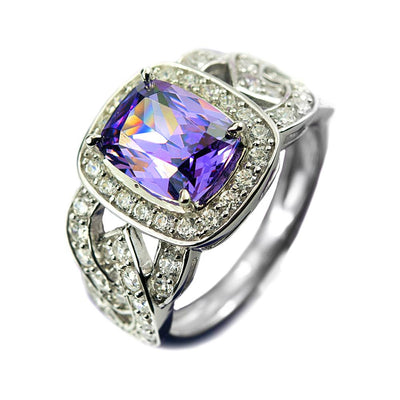 Heather Ring featuring a large purple gemstone set in sterling silver with rhodium plating and intricate diamond accents, designed for women’s jewelry collections.