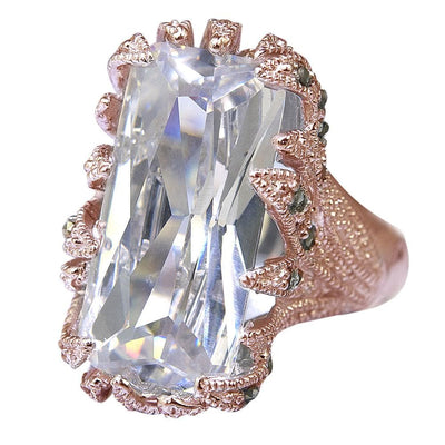 Wild Thorn Rose Gold Ring featuring a large rectangular clear gemstone set in a detailed sterling silver band plated in rose gold, designed for women’s jewelry.