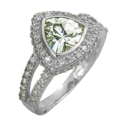 Trio Bay Ring crafted in sterling silver with rhodium plating, featuring a triangular gemstone centerpiece surrounded by small sparkling accents, designed for women’s jewelry.