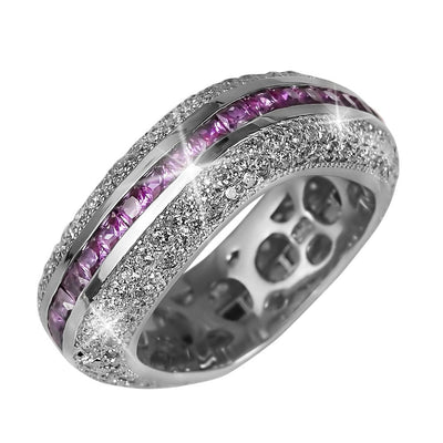 Palacio Silver Ring featuring sterling silver with rhodium plating, adorned with a row of purple gemstones and sparkling clear stones, designed for female jewelry lovers.