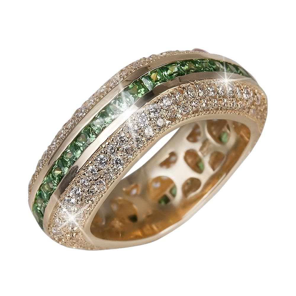 Palacio Gold Ring featuring sterling silver with gold plating, adorned with green gemstones and clear sparkling crystals, designed for female jewelry collectors.
