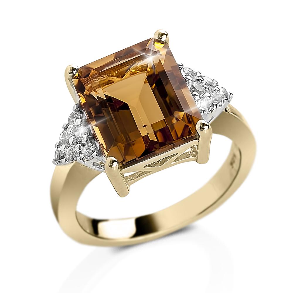 Honey Dew Ring featuring a large square-cut brown gemstone set in sterling silver with gold plating, adorned with small clear stones on the band, designed for women.
