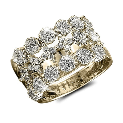 Blossom Trio Stacking Rings crafted in sterling silver with gold plating, featuring a delicate floral design adorned with sparkling clear stones, designed for women’s jewelry.