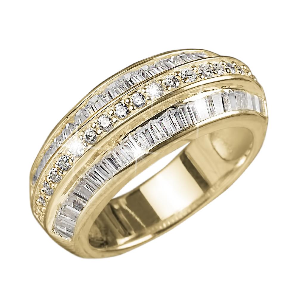 Santorini Baguette Ring crafted from sterling silver with gold plating, featuring rows of baguette and round cut stones, designed for female jewelry collectors.