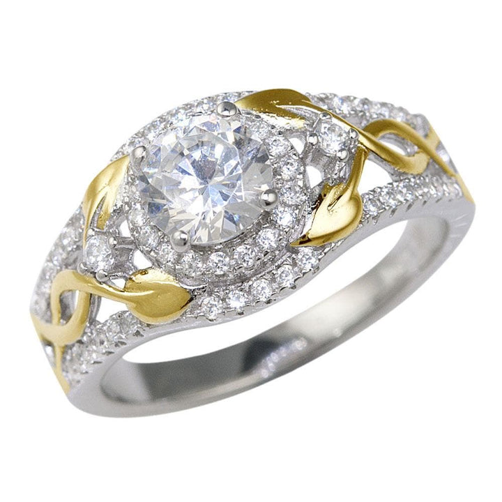 Tendril Ring featuring a two-tone sterling silver band with a delicate leaf-inspired design and a sparkling round center gemstone surrounded by smaller stones.