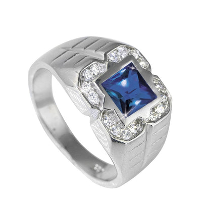 Ranger Men's Sapphire Ring featuring a square blue sapphire center stone set in sterling silver with rhodium plating and accented with clear gemstones, designed for men’s jewelry.