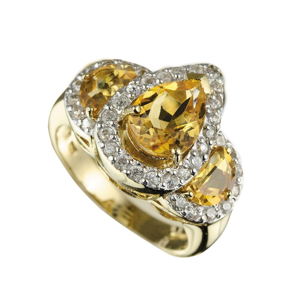 Golden Citrine Ring featuring three pear-shaped citrine stones surrounded by sparkling accents, set in sterling silver with gold plating for elegant female jewelry.